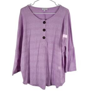 Westbound Top Women's Size L Pink Ribbed 3/4 Sleeve‎ Henley Knit Pullover Button